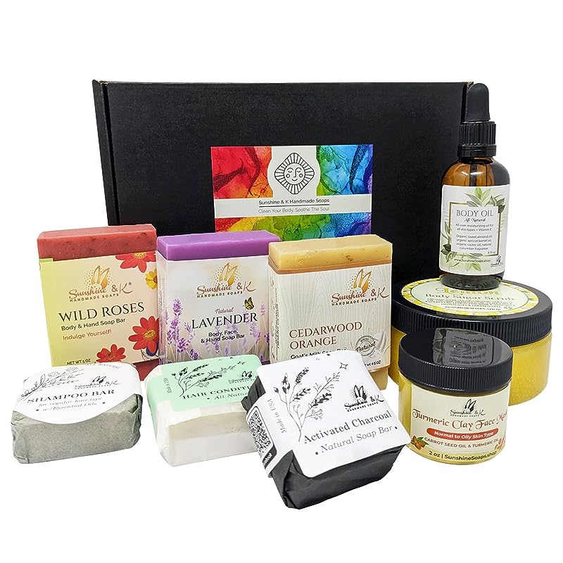 Spa Kit, 9-Pc Self Care Package for Women & Men, Hair & Skin Care Spa Set 3 Soap Bars, Sugar Scrub, Facial Mask, Shampoo & Conditioner Bar