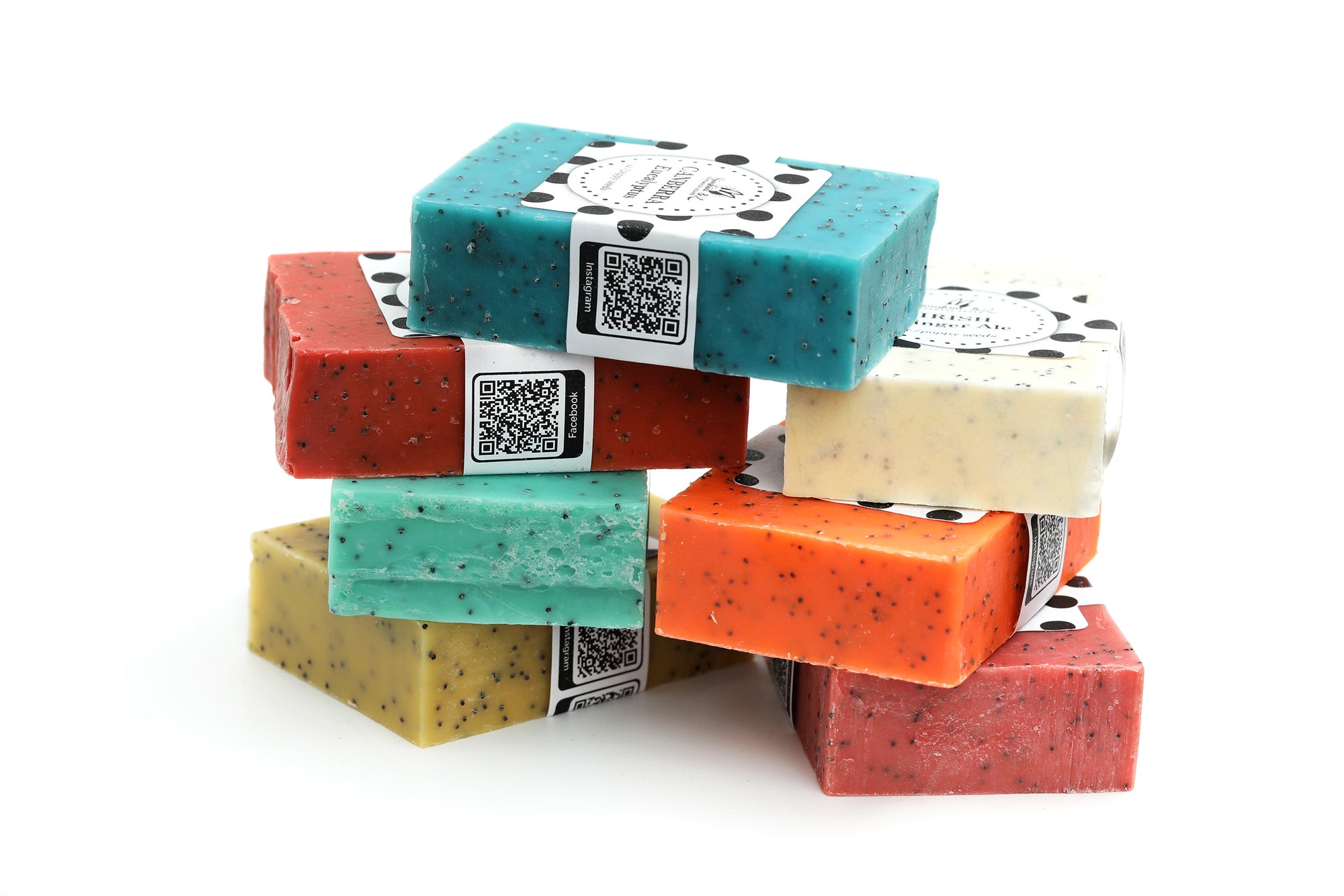 Set of 7 Exfoliating Soap Bars - Pomegranate, Eucalyptus,  Orange, Ginger Ale, Moroccan Mint,  Lemon, Lingonberry - Total 35 oz