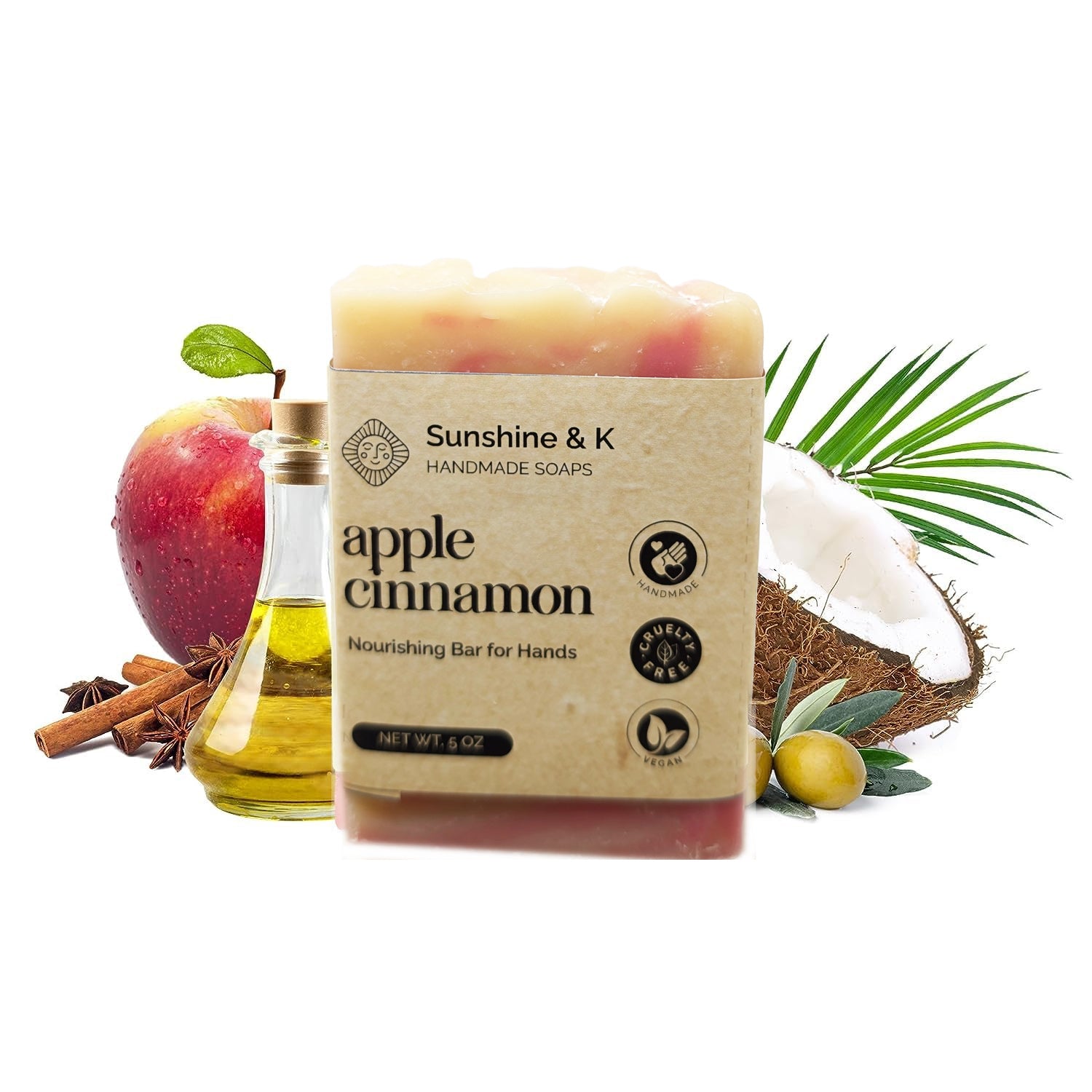 Apple Cinnamon Bar - Body & Face Bar Soap, Handmade Bath Soap, Moisturizing Bar Soap With Beeswax, Rice Bran Oil, & Natural Base Oils, Natural Soap Bars, 5 oz, Sunshine & K Handmade Soaps - sunshine-handmade-soaps