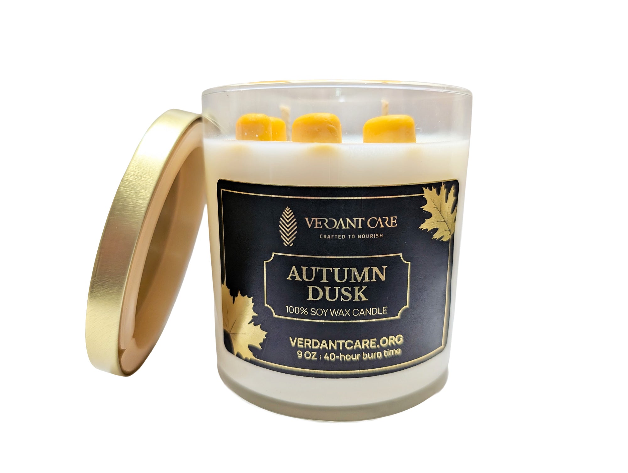 Autumn Dusk Candle – 12 oz Clear Glass with Golden Lid | 100% Soy Wax