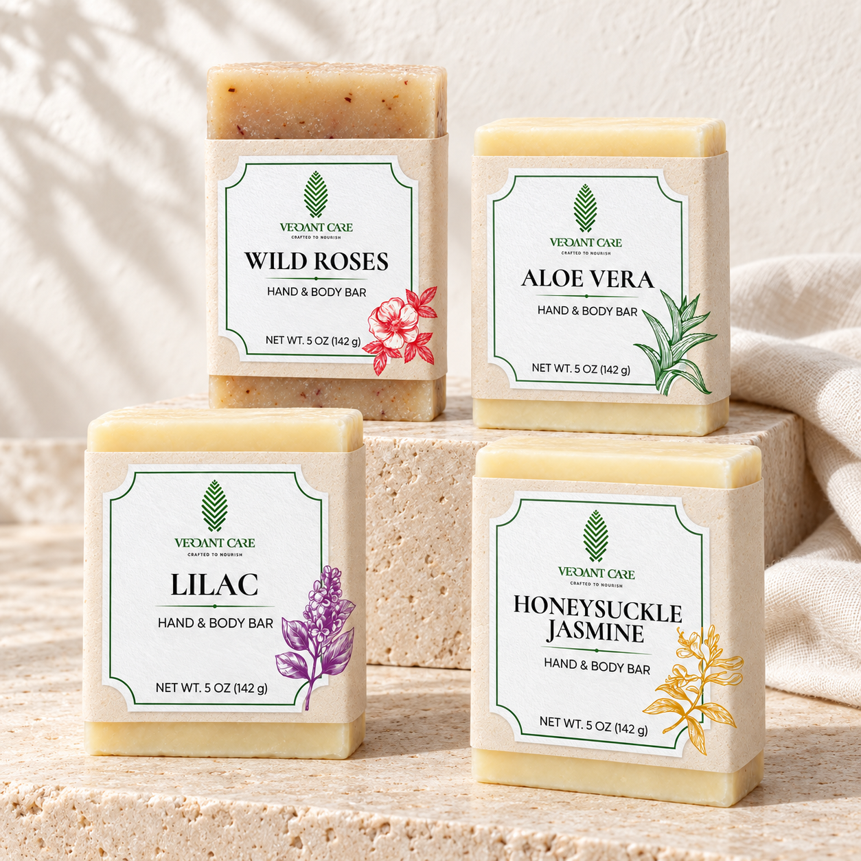 Gift Set Handmade Soap Bars, 4 Scents: Lilac, Honeysuckle Jasmine, Wild Roses, and Aloe Vera - 20 oz
