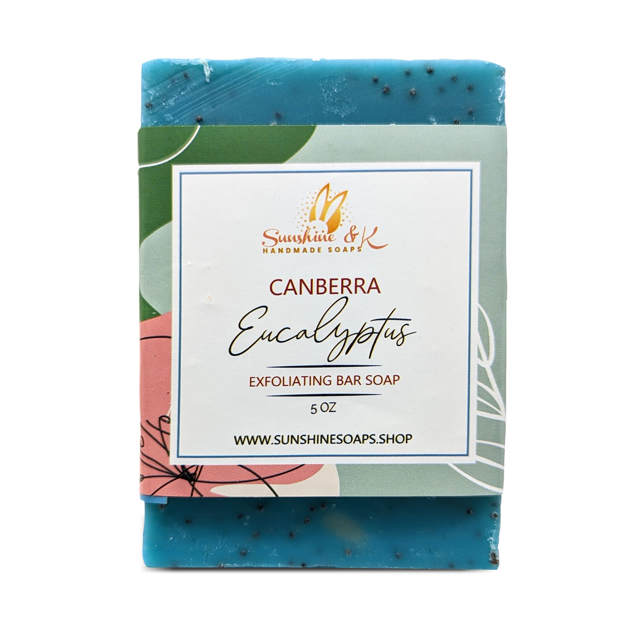 Canberra Eucalyptus - Exfoliating Soap, Bar Soap with Poppy Seeds & Shea Butter, Natural Base Oils Body Soap, Body Soap Bars with 6 Natural Base Oils, 5 oz - Sunshine & K Handmade Soaps - sunshine-handmade-soaps