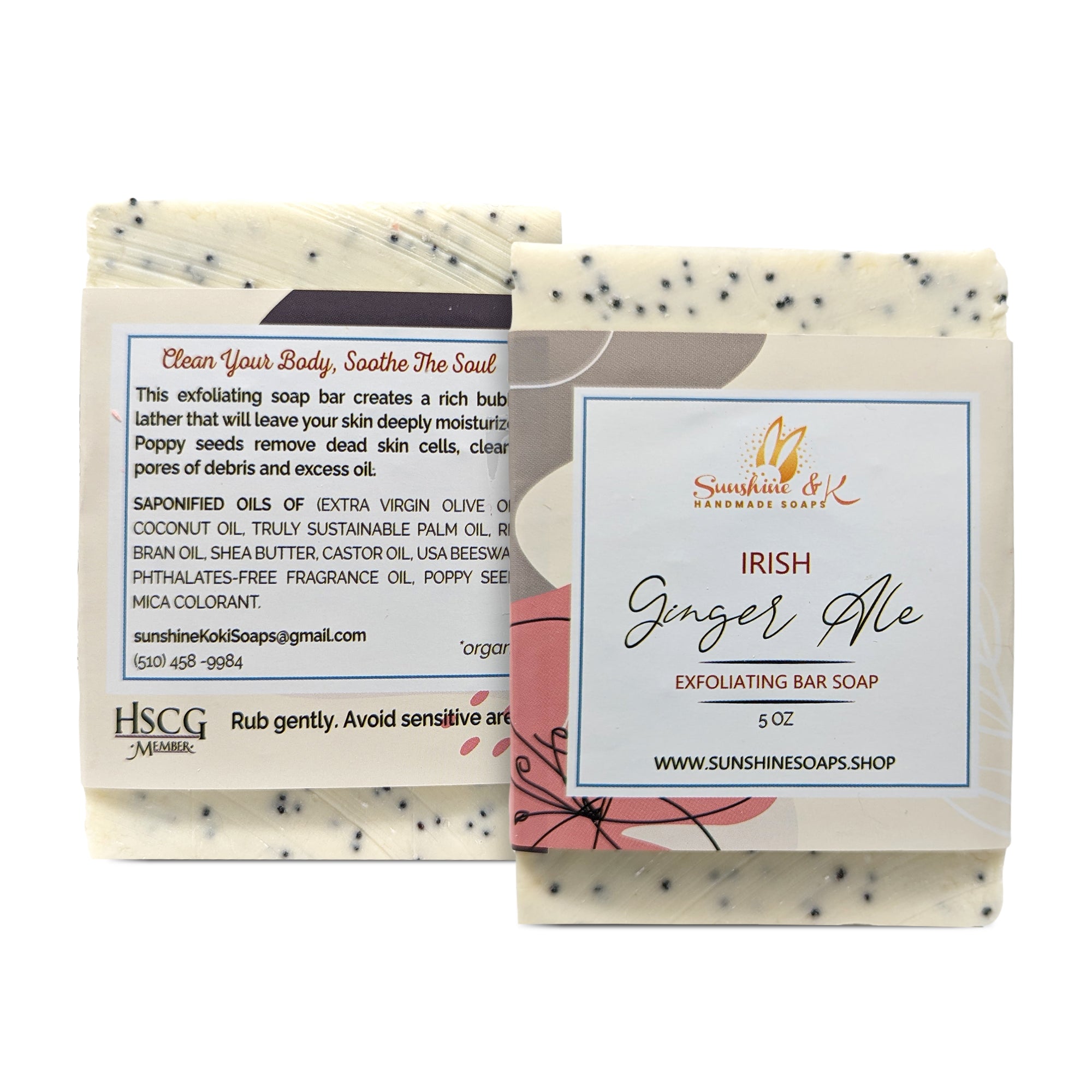 Irish Ginger Ale Soap Bar - Exfoliating Soap, Bar Soap with Poppy Seeds & Shea Butter, Natural Base Oils Body Soap, Body Soap Bars with 6 Natural Base Oils, 5 oz - Sunshine & K Handmade Soaps - sunshine-handmade-soaps