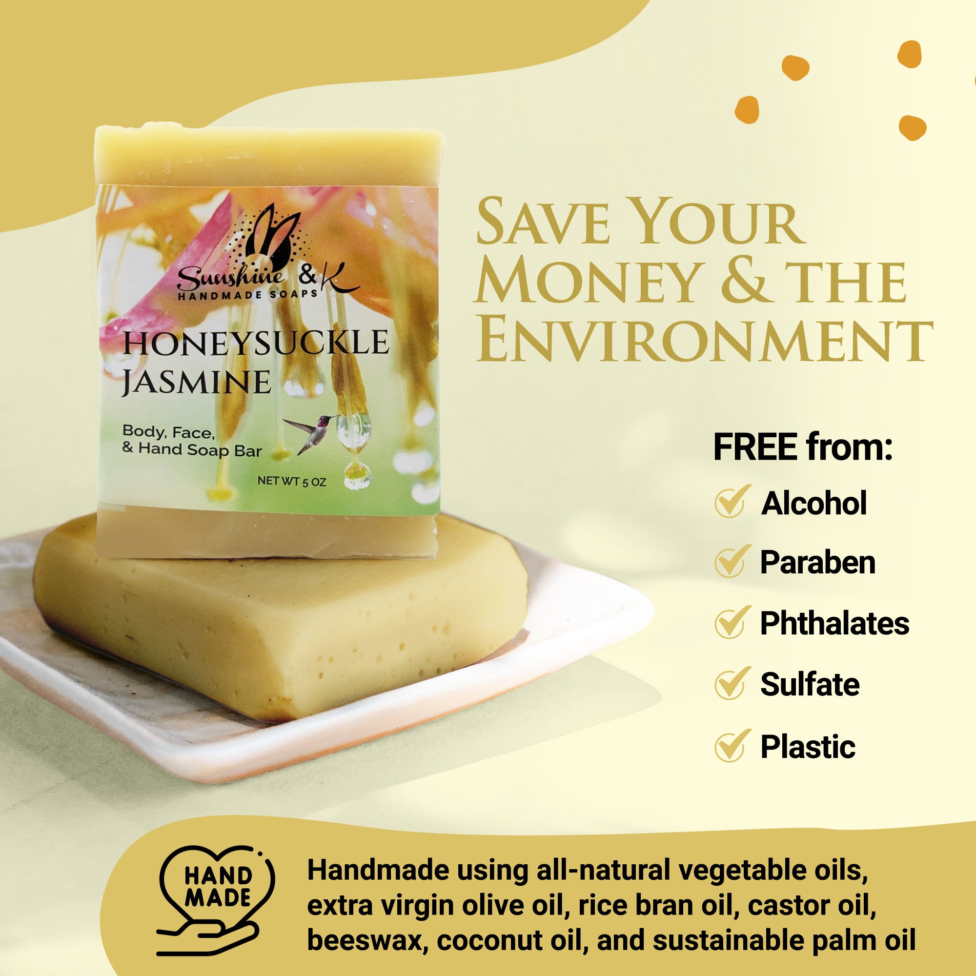 Honeysuckle Bar Soap - Body & Face Bar Soap, Handmade Bath Soap, Moisturizing Bar Soap With Beeswax, Rice Bran Oil, & Natural Base Oils, Natural Soap Bars, 5 oz, Sunshine & K Handmade Soaps - sunshine-handmade-soaps