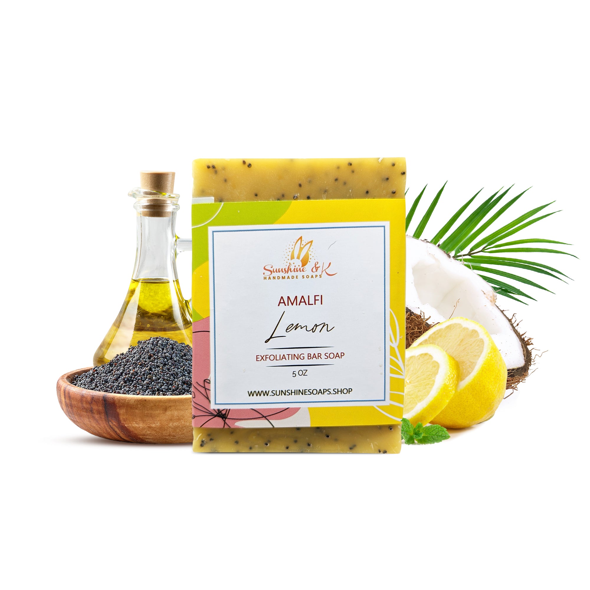 Amalfi Sweet Lemon Soap Bar - Exfoliating Soap, Bar Soap with Poppy Seeds & Shea Butter, Natural Base Oils Body Soap, Body Soap Bars with 6 Natural Base Oils, 5 oz - Sunshine & K Handmade Soaps - sunshine-handmade-soaps