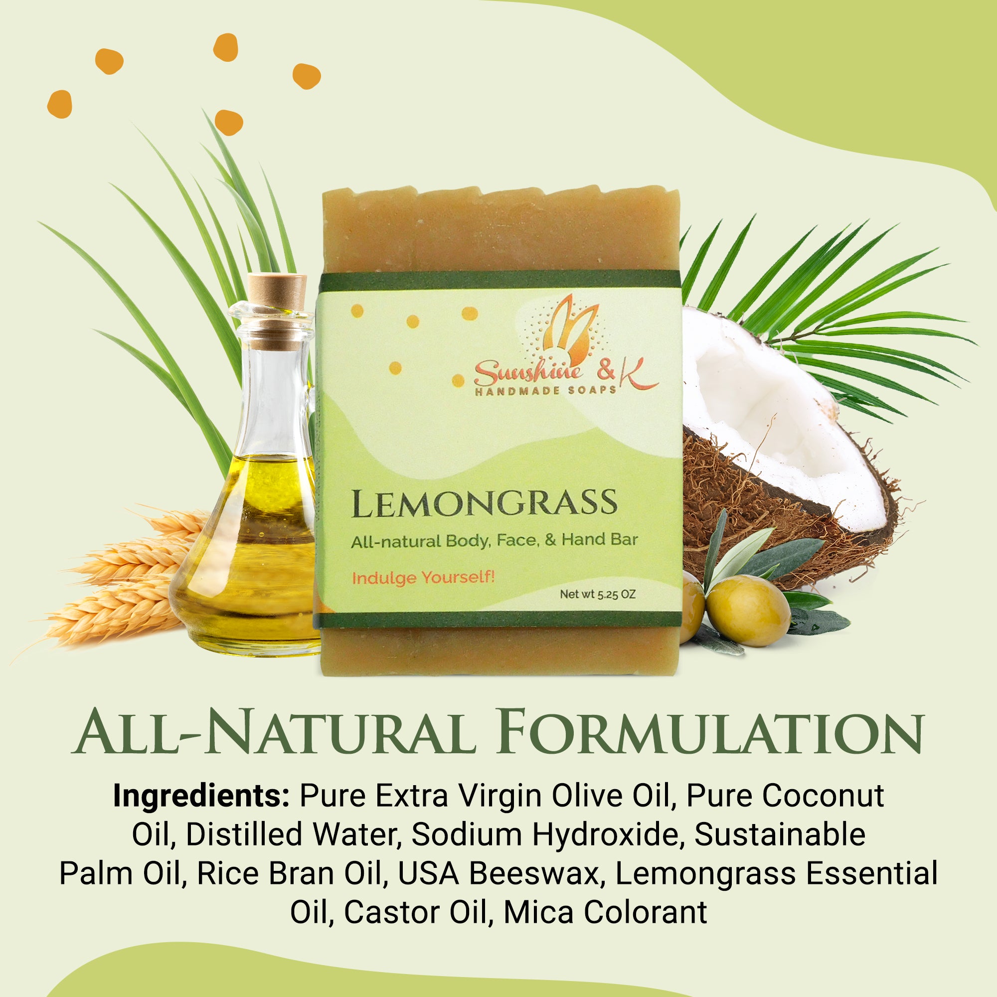 Lemongrass Bar Soap - Body & Face Bar Soap, Handmade Bath Soap, Moisturizing Bar Soap With Beeswax, Rice Bran Oil, & Natural Base Oils, Natural Soap Bars, 5 oz, Sunshine & K Handmade Soaps - sunshine-handmade-soaps