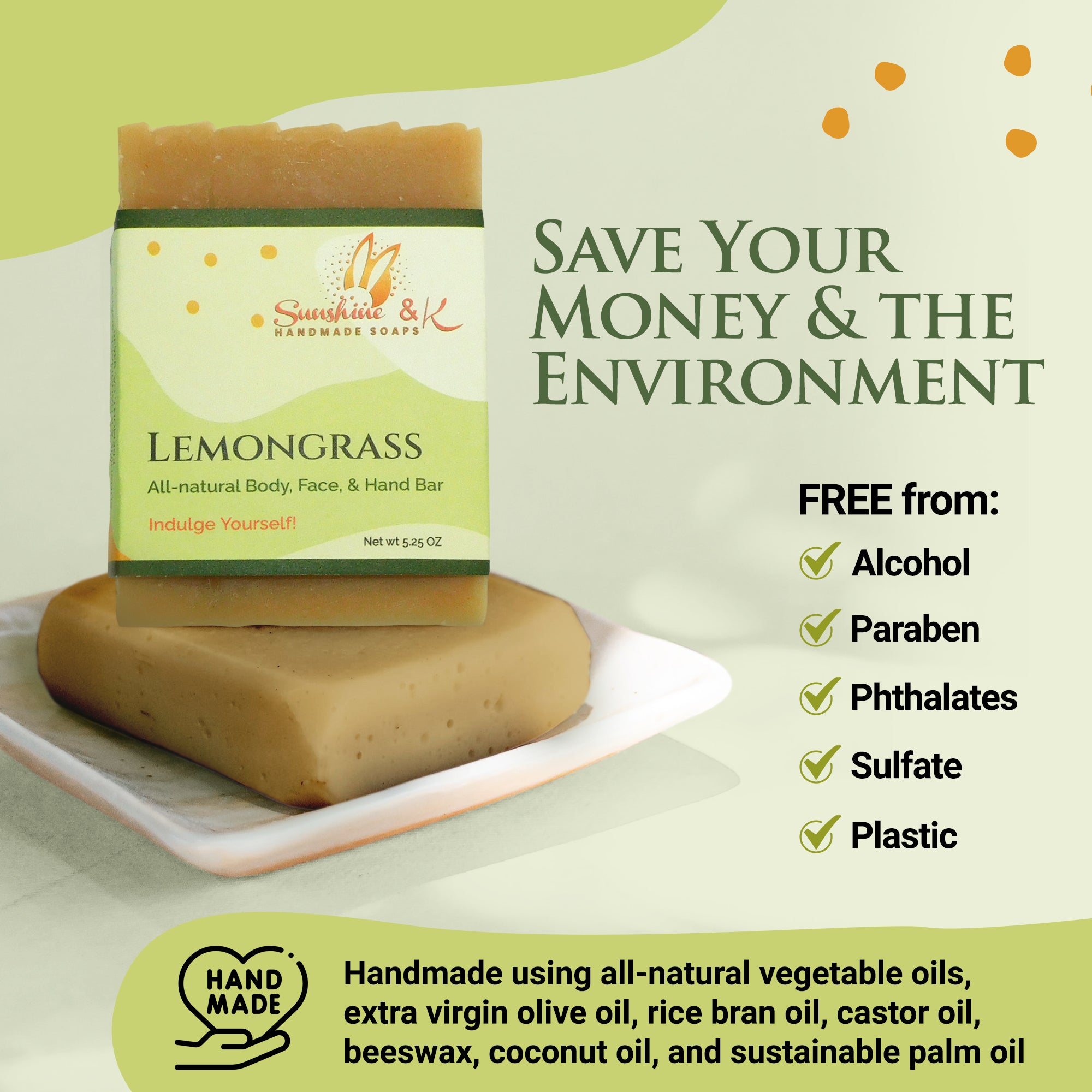 Lemongrass Bar Soap - Body & Face Bar Soap, Handmade Bath Soap, Moisturizing Bar Soap With Beeswax, Rice Bran Oil, & Natural Base Oils, Natural Soap Bars, 5 oz, Sunshine & K Handmade Soaps - sunshine-handmade-soaps