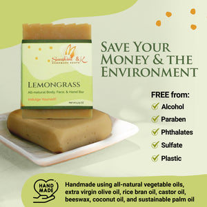 Lemongrass Bar Soap - Body & Face Bar Soap, Handmade Bath Soap, Moisturizing Bar Soap With Beeswax, Rice Bran Oil, & Natural Base Oils, Natural Soap Bars, 5 oz, Sunshine & K Handmade Soaps - sunshine-handmade-soaps