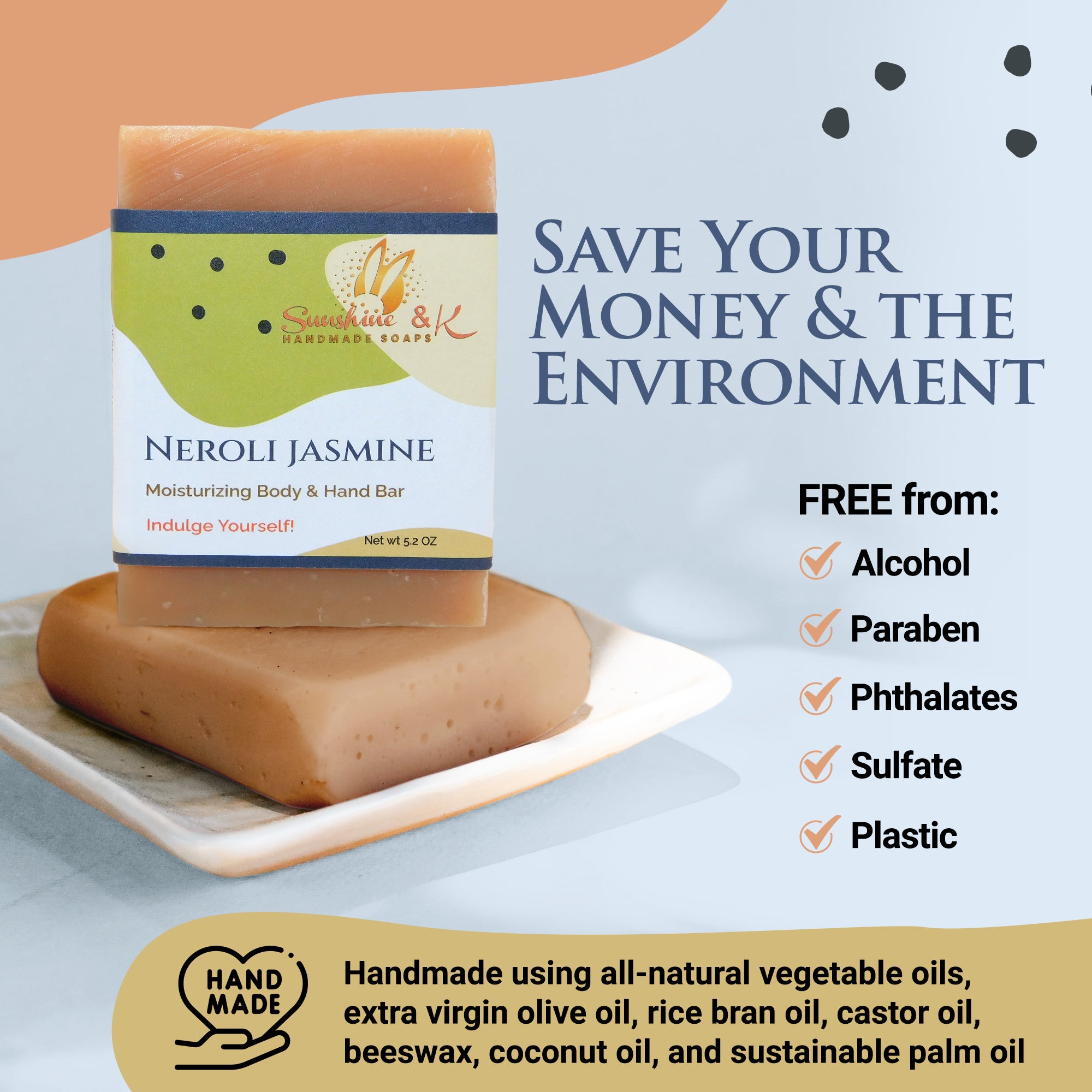 Neroli Jasmine Bar Soap - Body & Face Bar Soap, Handmade Bath Soap, Moisturizing Bar Soap With Beeswax, Rice Bran Oil, & Natural Base Oils, Natural Soap Bars, 5 oz, Sunshine & K Handmade Soaps - sunshine-handmade-soaps