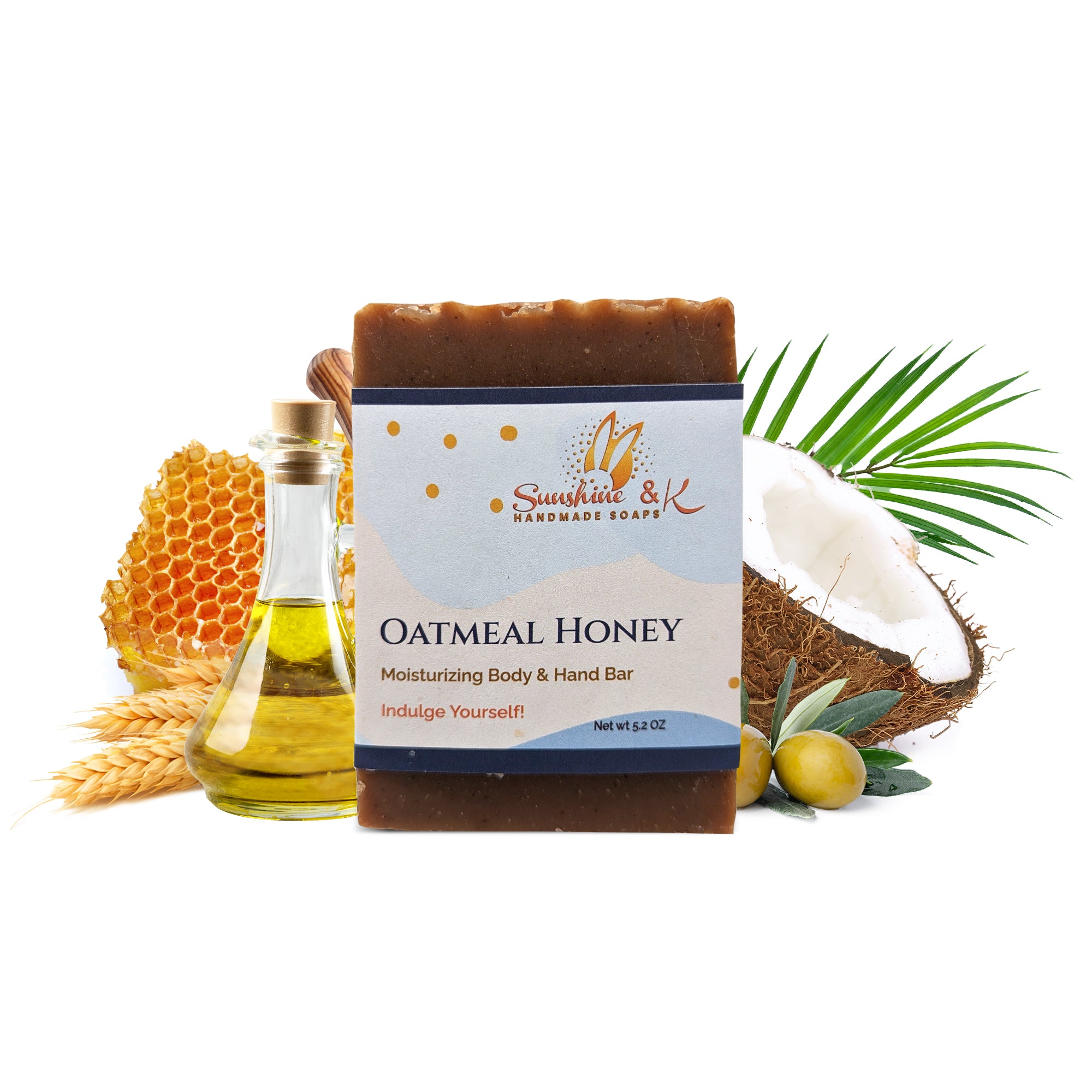 Oatmeal Honey Soap Bar - Body & Face Bar Soap, Handmade Bath Soap, Moisturizing Bar Soap With Beeswax, Rice Bran Oil, & Natural Base Oils, Natural Soap Bars, 5 oz, Sunshine & K Handmade Soaps - sunshine-handmade-soaps