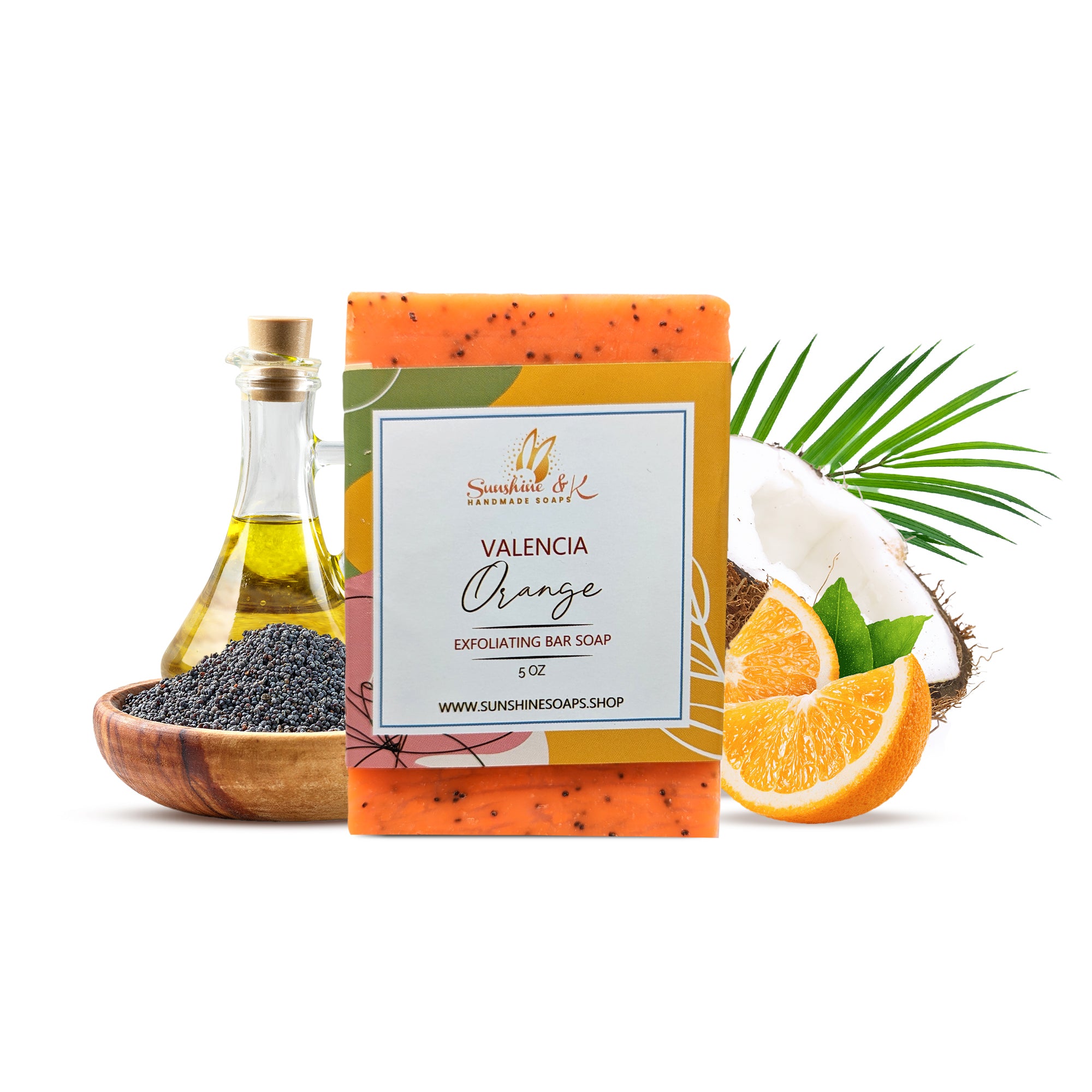 Valencia Orange Soap Bar - Exfoliating Soap, Bar Soap with Poppy Seeds & Shea Butter, Natural Base Oils Body Soap, Body Soap Bars with 6 Natural Base Oils, 5 oz - Sunshine & K Handmade Soaps - sunshine-handmade-soaps