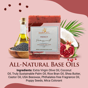 French Pomegranate Soap Bar - Exfoliating Soap, Bar Soap with Poppy Seeds & Shea Butter, Natural Base Oils Body Soap, Body Soap Bars with 6 Natural Base Oils, 5 oz - Sunshine & K Handmade Soaps - sunshine-handmade-soaps