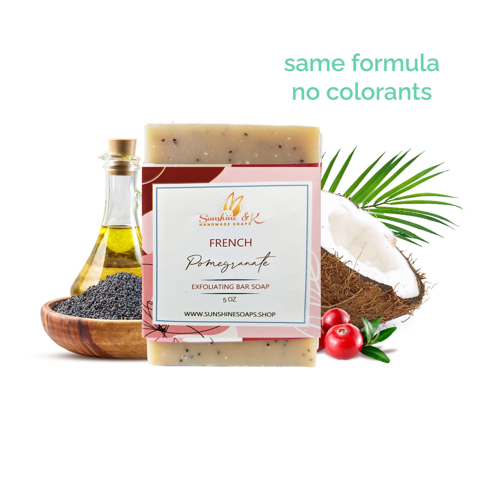 French Pomegranate Soap Bar - Exfoliating Soap, Bar Soap with Poppy Seeds & Shea Butter, Natural Base Oils Body Soap, Body Soap Bars with 6 Natural Base Oils, 5 oz