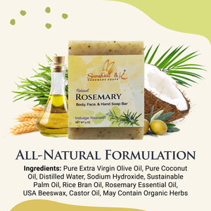 Rosemary Soap Bar - Body & Face Bar Soap, Handmade Bath Soap, Moisturizing Bar Soap With Beeswax, Rice Bran Oil, & Natural Base Oils, Natural Soap Bars, 5 oz, Sunshine & K Handmade Soaps - sunshine-handmade-soaps