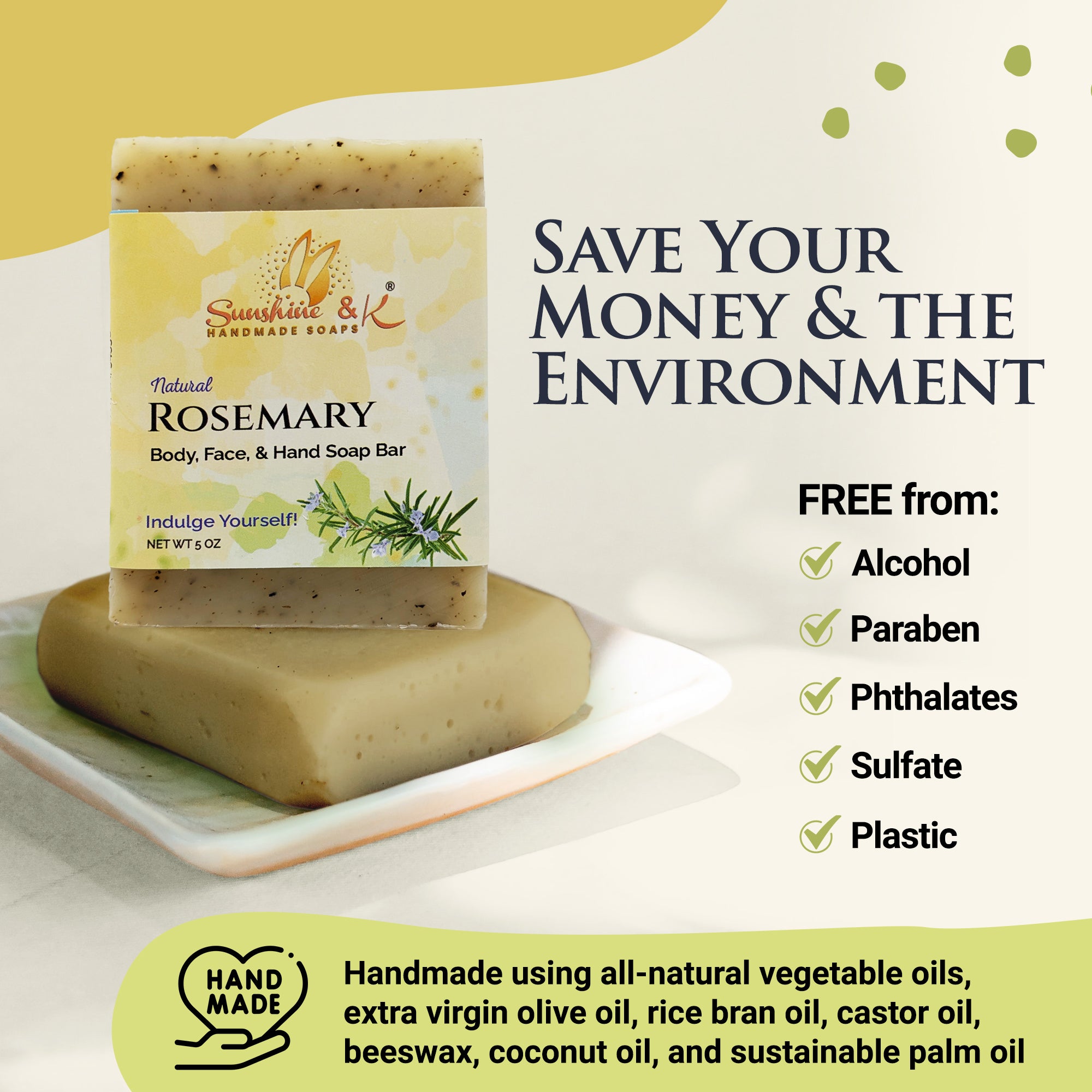 Rosemary Soap Bar - Body & Face Bar Soap, Handmade Bath Soap, Moisturizing Bar Soap With Beeswax, Rice Bran Oil, & Natural Base Oils, Natural Soap Bars, 5 oz, Sunshine & K Handmade Soaps - sunshine-handmade-soaps