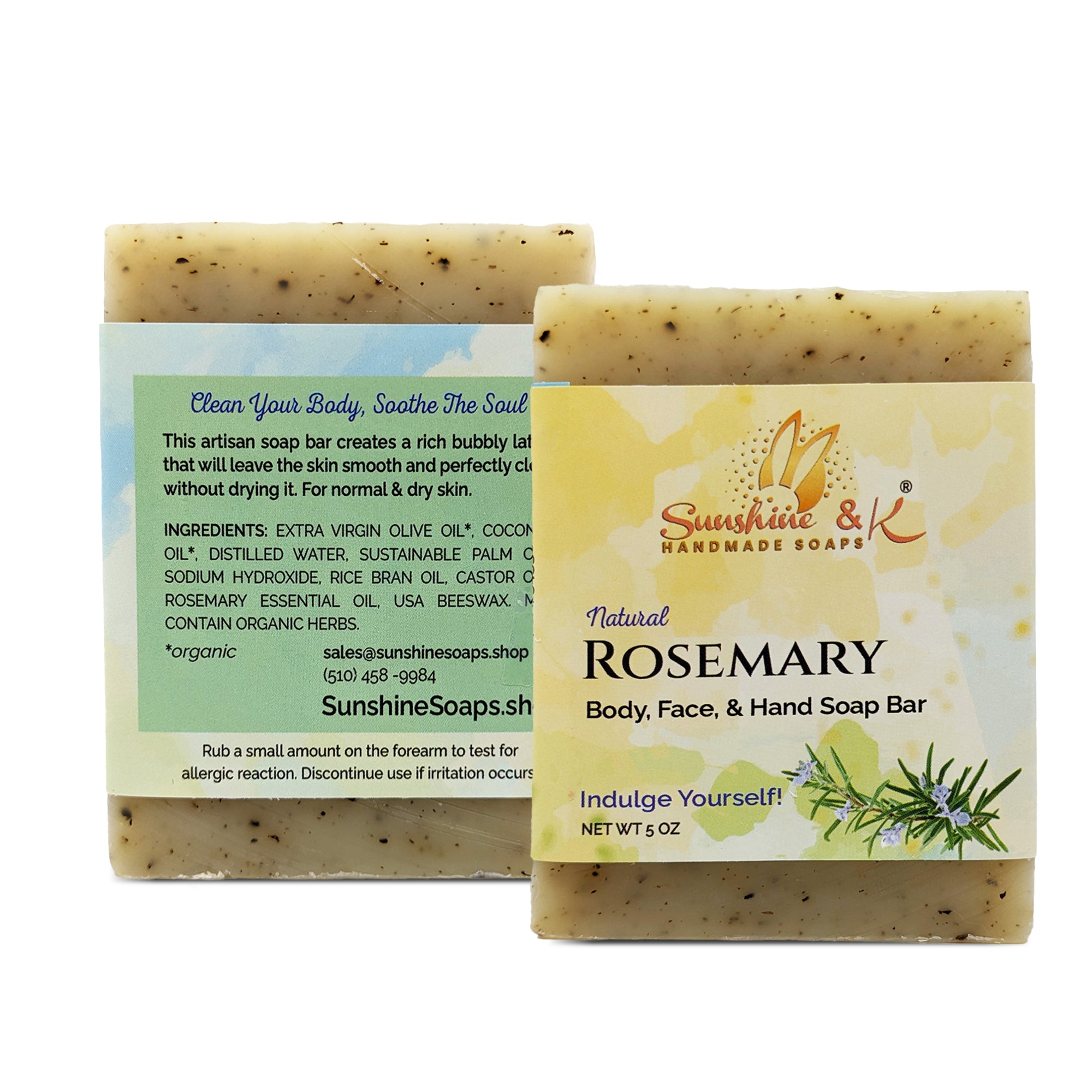 Rosemary Soap Bar - Body & Face Bar Soap, Handmade Bath Soap, Moisturizing Bar Soap With Beeswax, Rice Bran Oil, & Natural Base Oils, Natural Soap Bars, 5 oz, Sunshine & K Handmade Soaps - sunshine-handmade-soaps