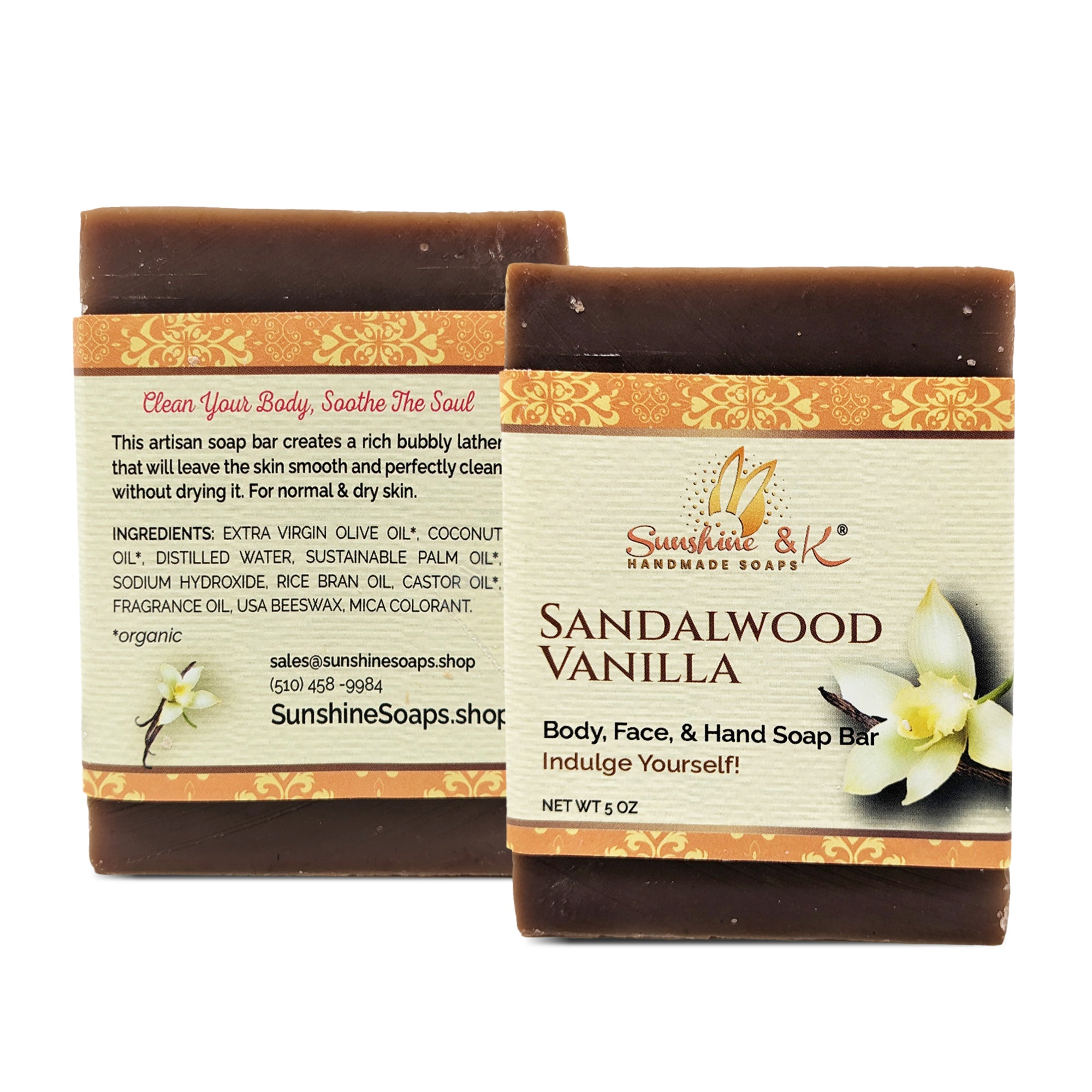 Sandalwood Vanilla Bar Soap - Body & Face Bar Soap, Handmade Bath Soap, Moisturizing Bar Soap With Beeswax, Rice Bran Oil, & Natural Base Oils, Natural Soap Bars, 5 oz, Sunshine & K Handmade Soaps - sunshine-handmade-soaps