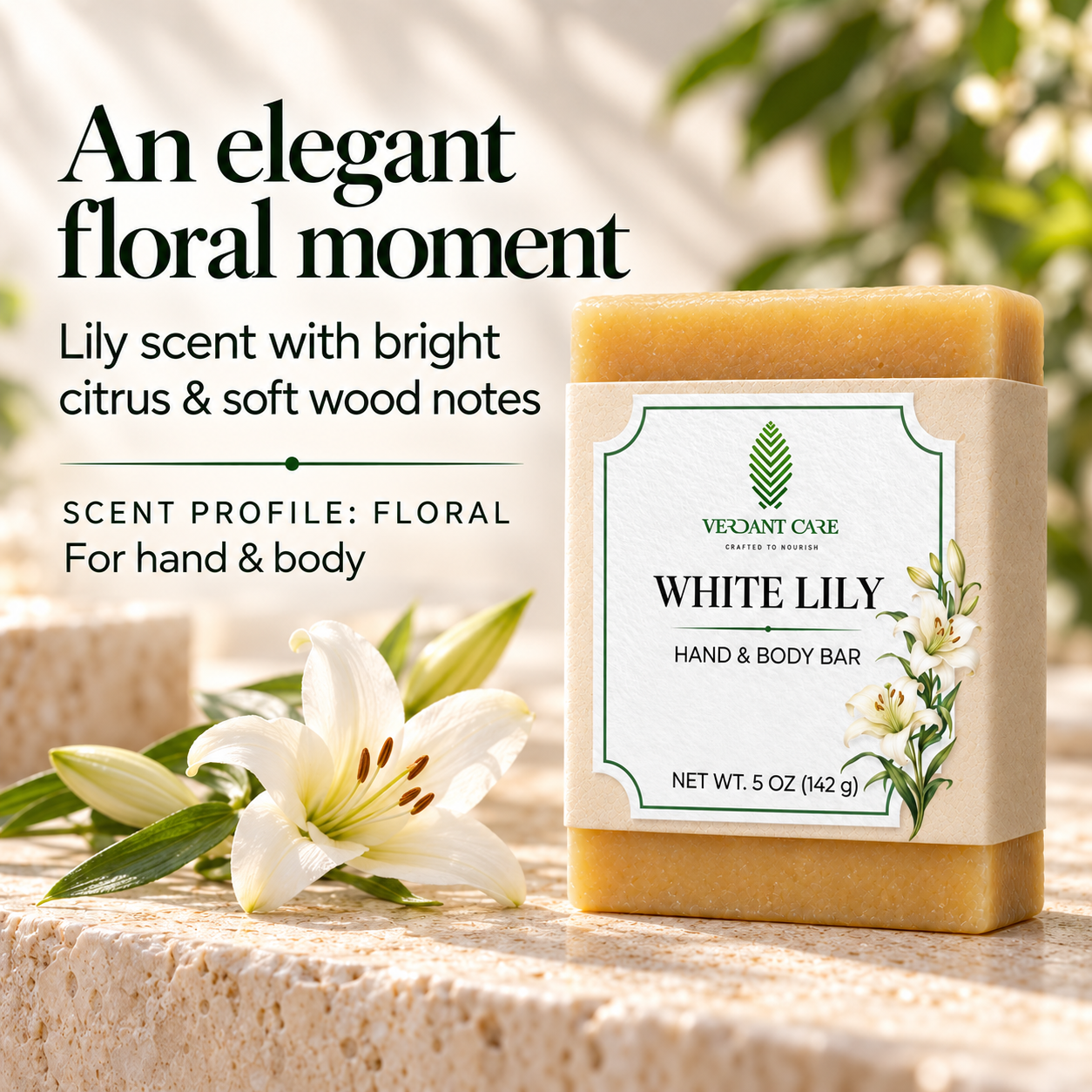 Verdant Care White Lily Handmade Soap Bar, Hand & Body, 5 oz