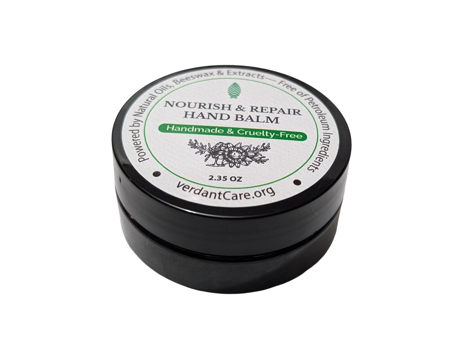 Black container of Nourish & Repair Hand Balm with a green label on a white background