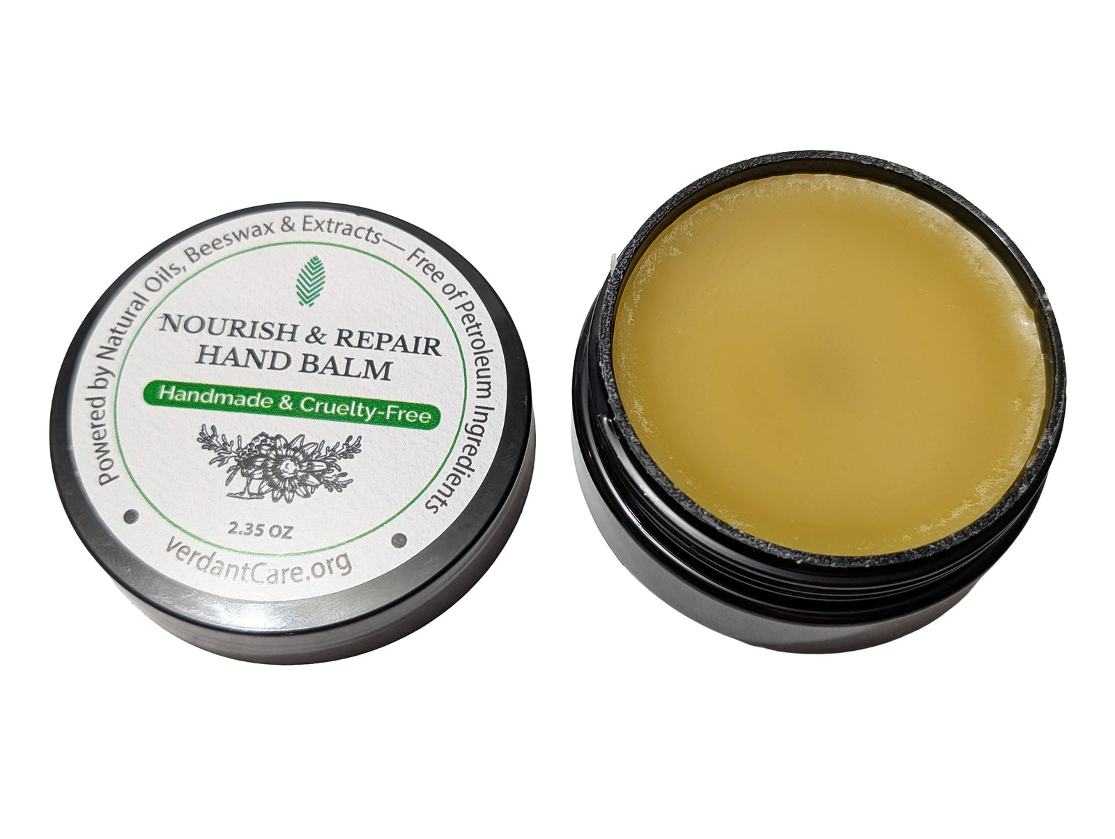 Black container of Nourish & Repair Hand Balm with a green label on a white background
