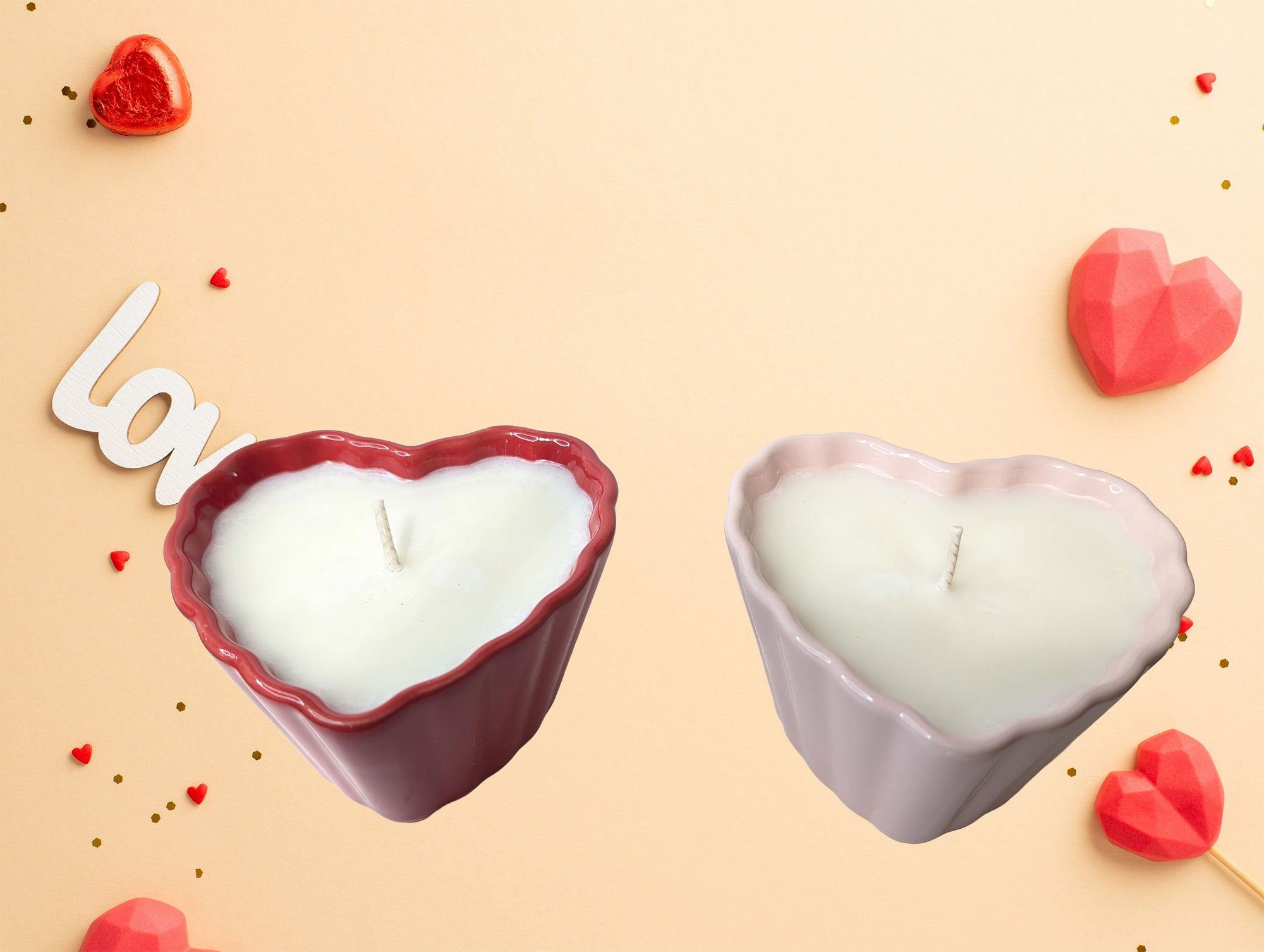 (One) Heart-Shaped Porcelain Candle | Romantic Gift | Choose Pink or Red | Two Enchanting Scents Soy Candle