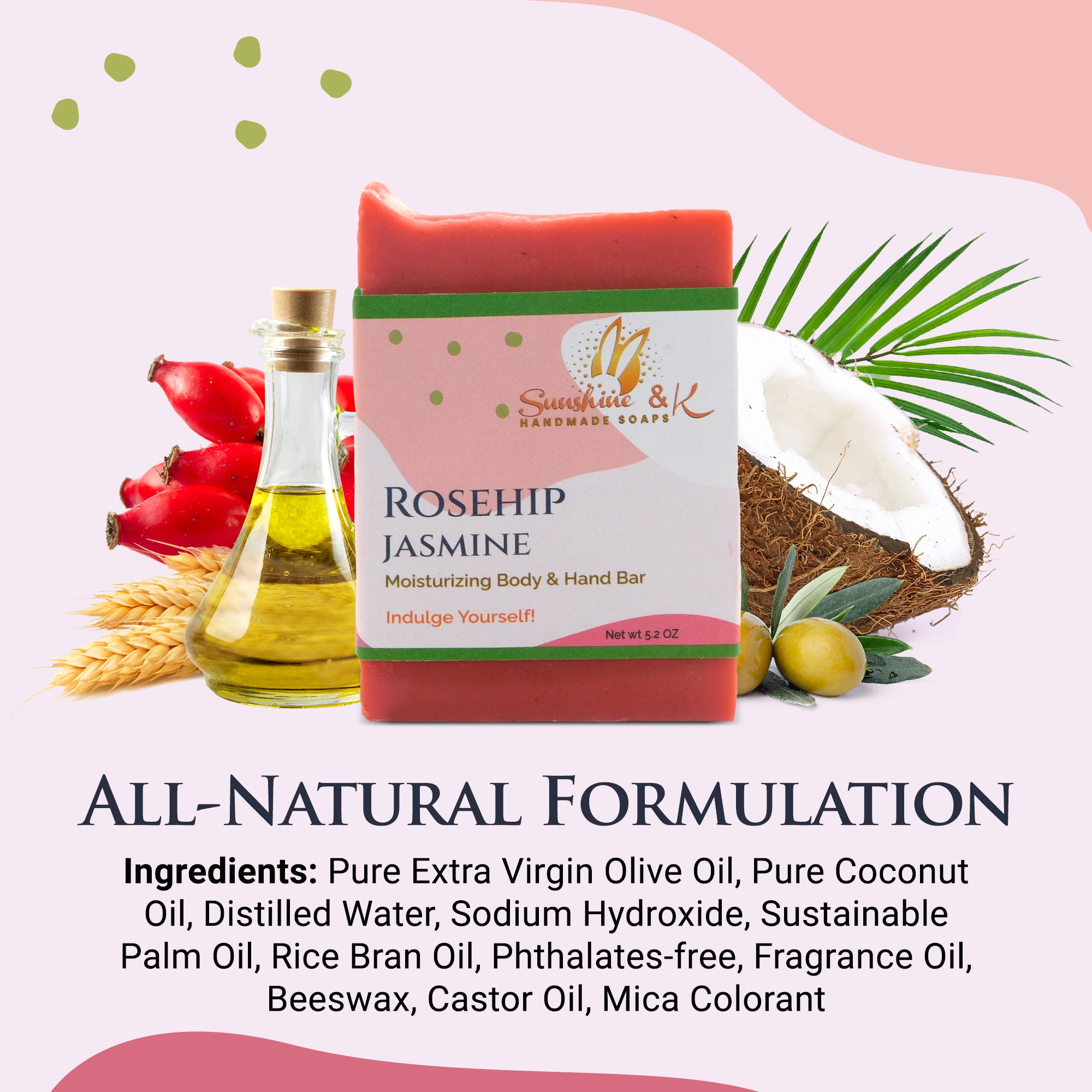 Rosehip Bar Soap - Body & Face Bar Soap, Handmade Bath Soap, Moisturizing Bar Soap With Beeswax, Rice Bran Oil, & Natural Base Oils, Natural Soap Bars, 5 oz, Sunshine & K Handmade Soaps - sunshine-handmade-soaps