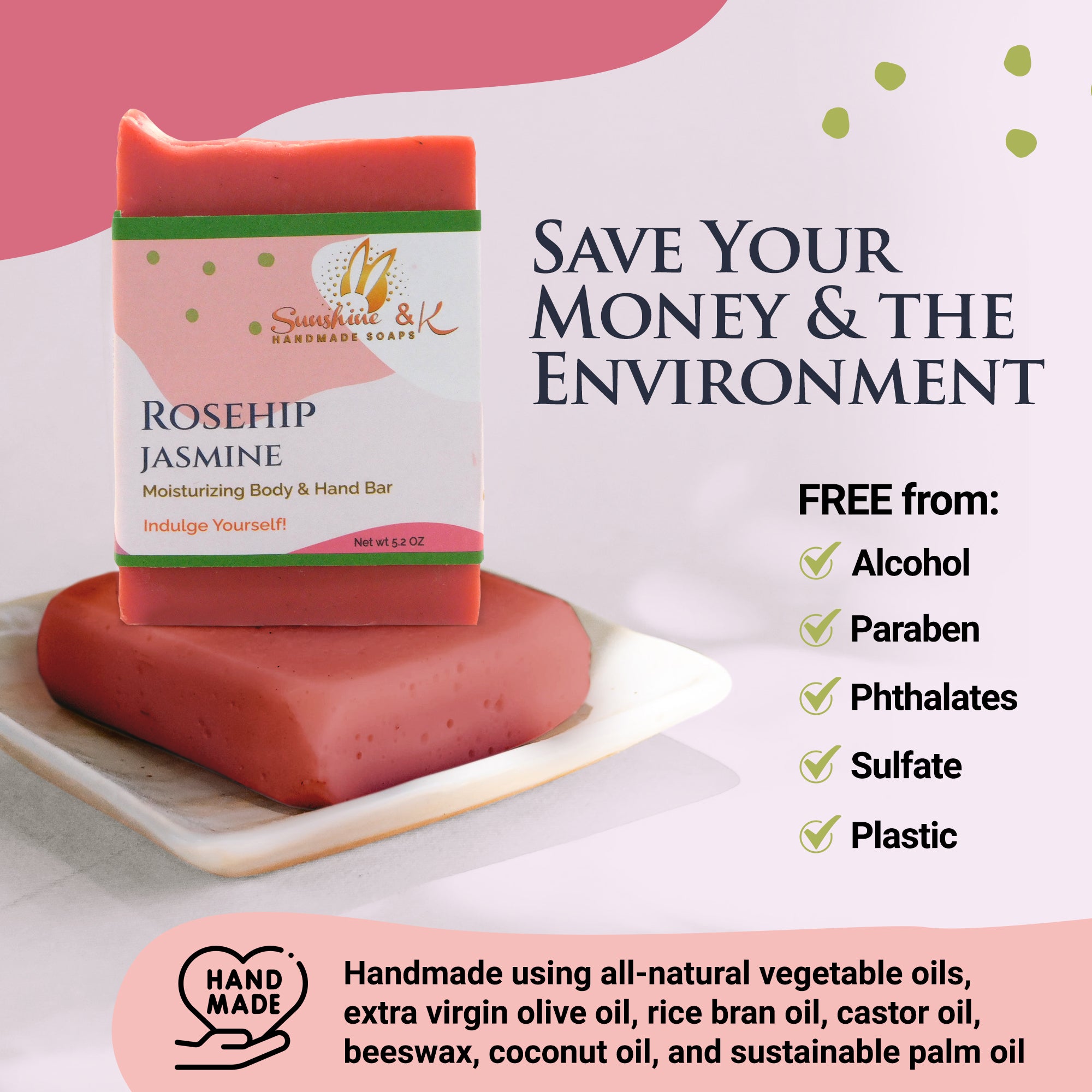 Rosehip Bar Soap - Body & Face Bar Soap, Handmade Bath Soap, Moisturizing Bar Soap With Beeswax, Rice Bran Oil, & Natural Base Oils, Natural Soap Bars, 5 oz, Sunshine & K Handmade Soaps - sunshine-handmade-soaps